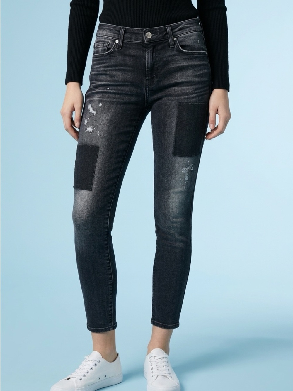 7 For All Mankind Black Washed Ankle Skinny Jeans with Patch Detail Size 29